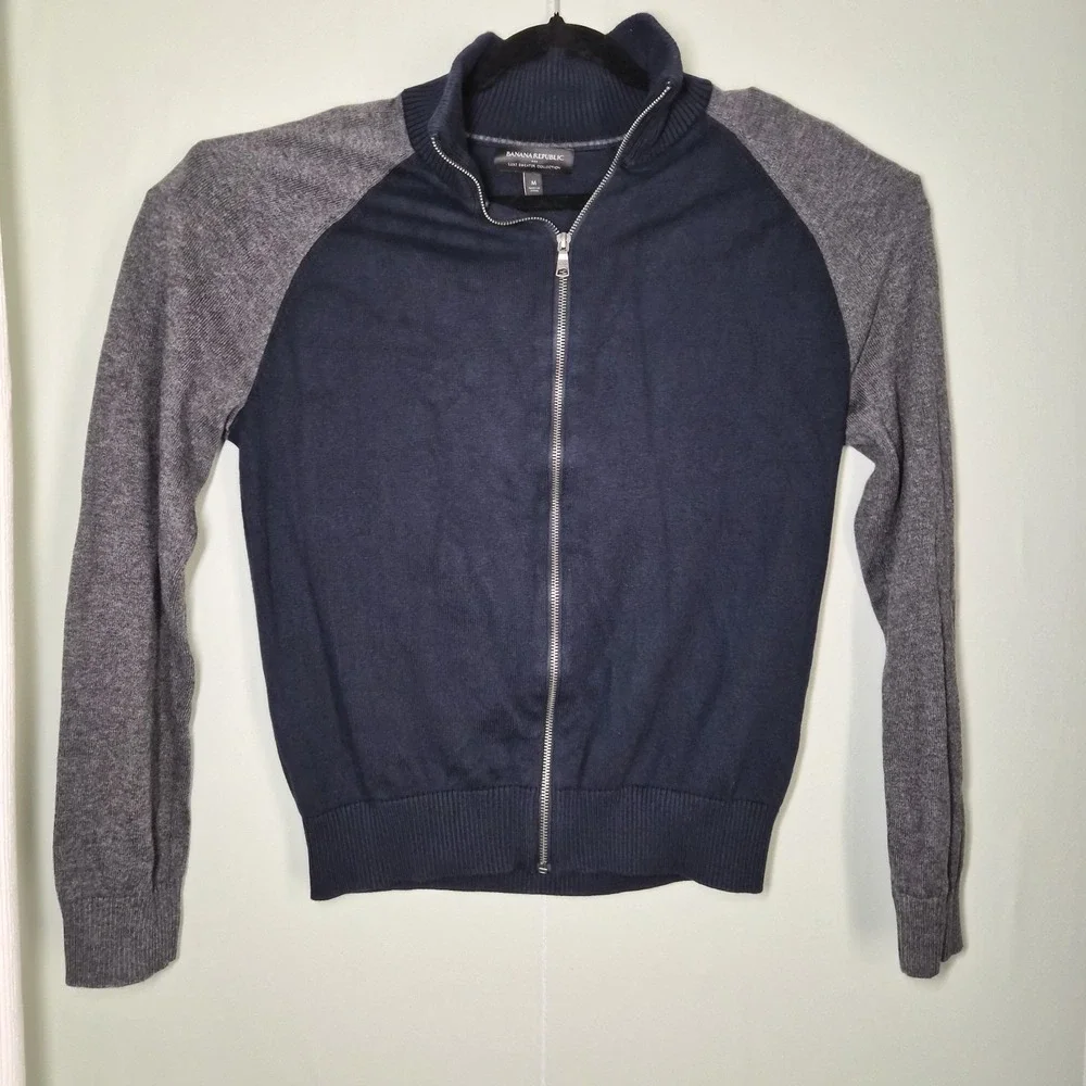 BANANA REPUBLIC Gray Heather Blue Cotton Baseball Sweater‎ Jacket Size M